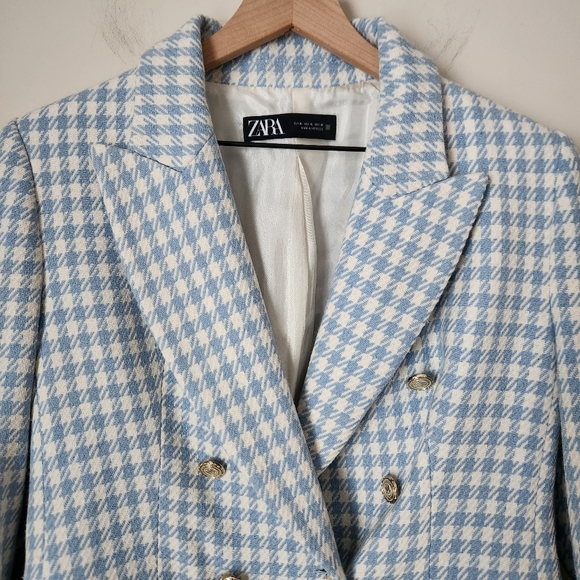 Zara | Double Breasted Houndstooth Blue & White Blazer - Size XL - Picture 3 of 12